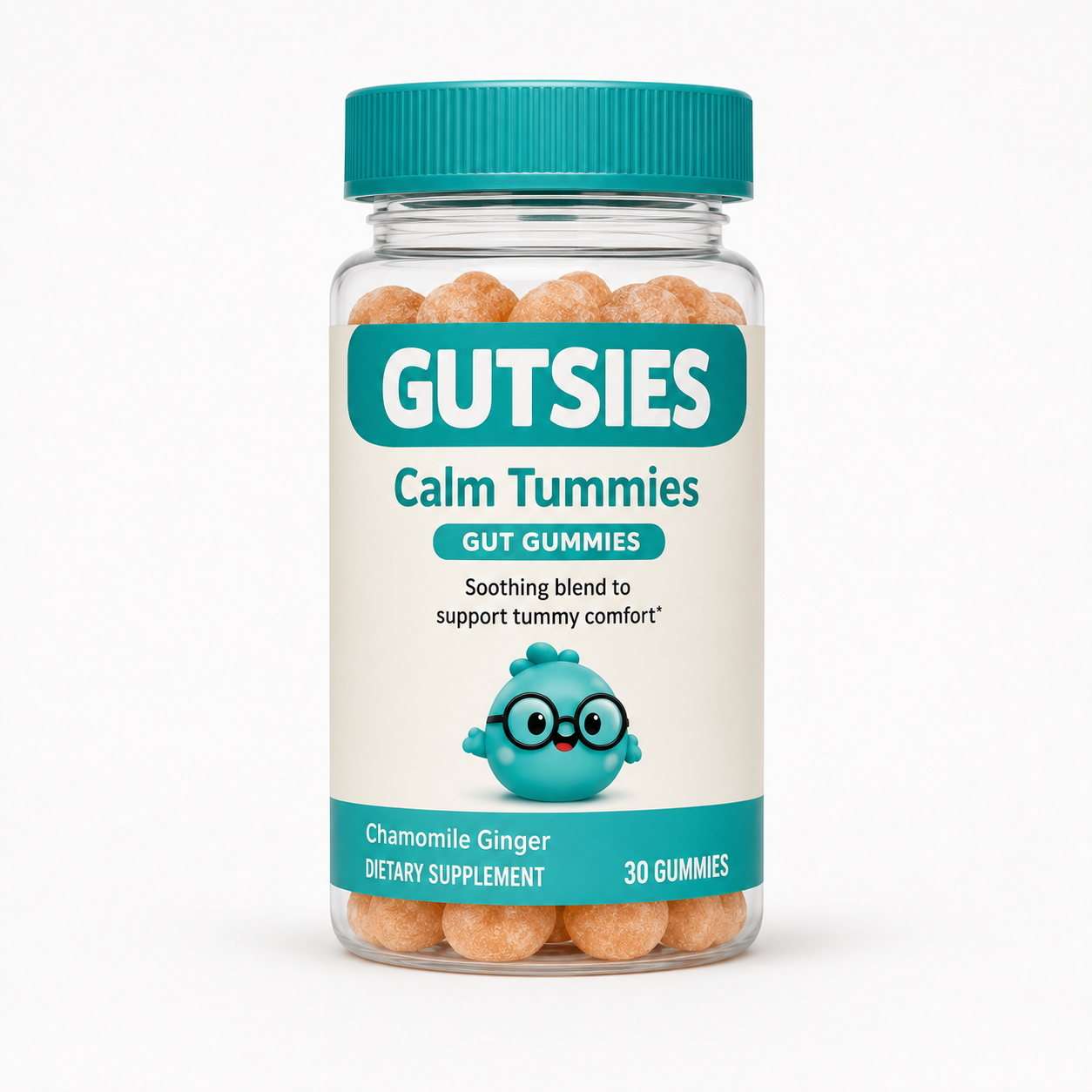 Gutsies Calm Tummies chamomile ginger soothing gummies bottle, 30 count