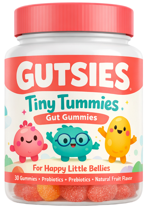 Tiny Tummies kids probiotic gummy jar by Gutsies — probiotics and prebiotics for children ages 2+