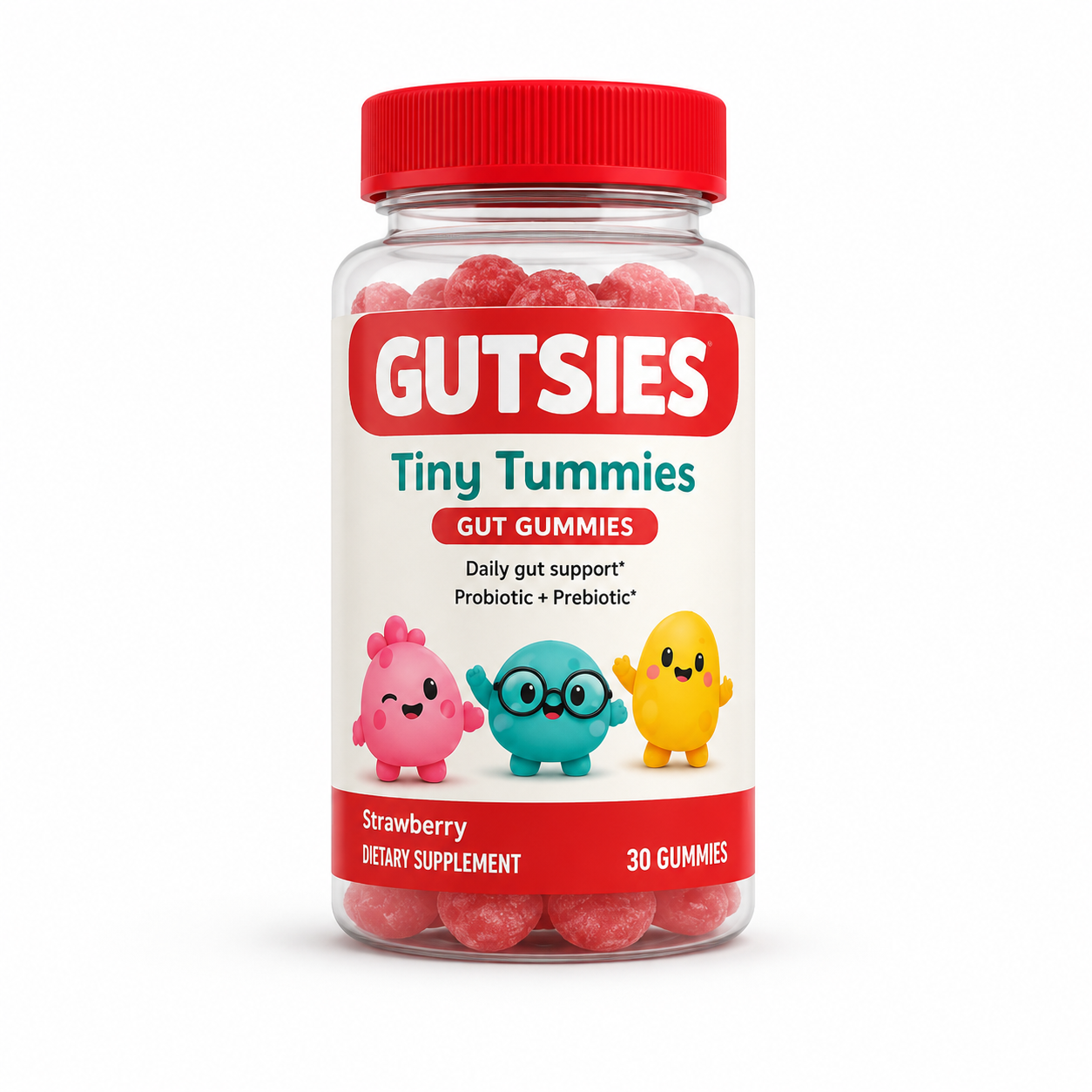 Gutsies Tiny Tummies strawberry probiotic gummies bottle, 30 count