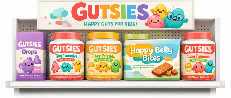 The Gutsies product line-up on a shelf