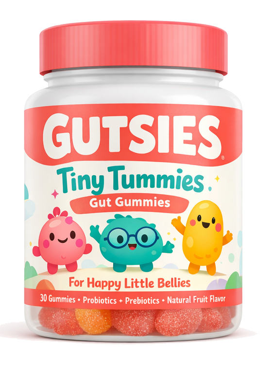 A jar of Gutsies Tiny Tummies gut gummies